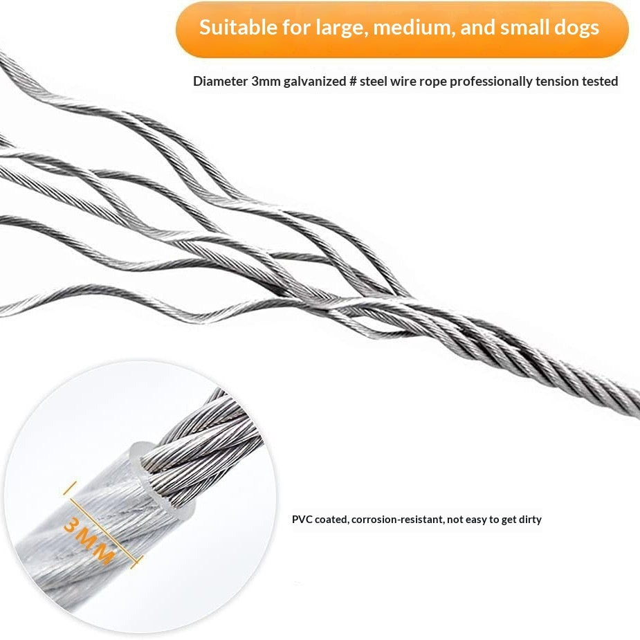 Twisted gray galvanized steel wire rope leash, close-up of braided strands