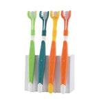 Pet toothbrush set of four colors: green, teal, orange, and yellow, three-sided heads