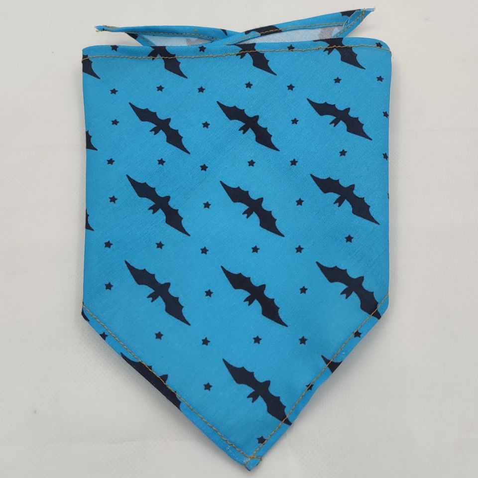 Pet triangle bandana scarf in bright blue with dark witch-hat silhouettes and stars