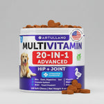 Dog multivitamin soft chew jar with purple label and 20-in-1 Hip + Joint text