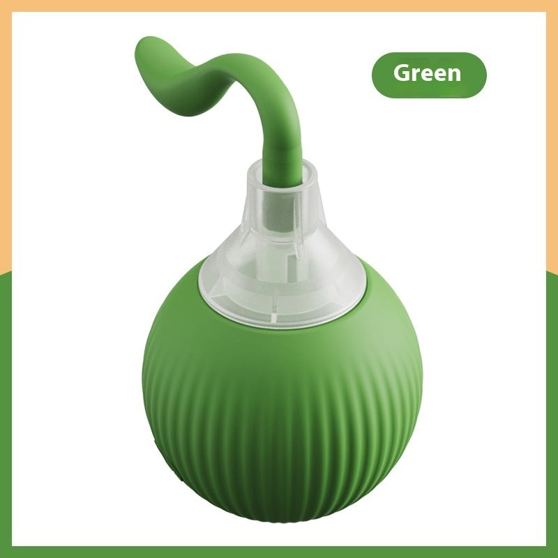 Green interactive cat toy ball with clear base and curved nozzle