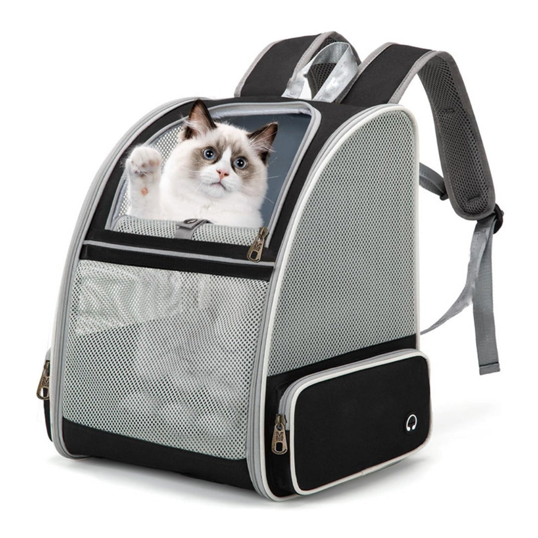 Pet backpack with grey mesh body, black side pocket, and adjustable shoulder straps