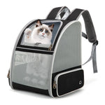 Pet backpack with grey mesh body, black side pocket, and adjustable shoulder straps