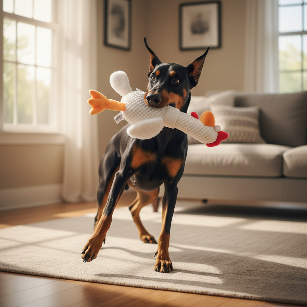 White plush animal toy with orange feet and small orange accents, rope-and-tail design