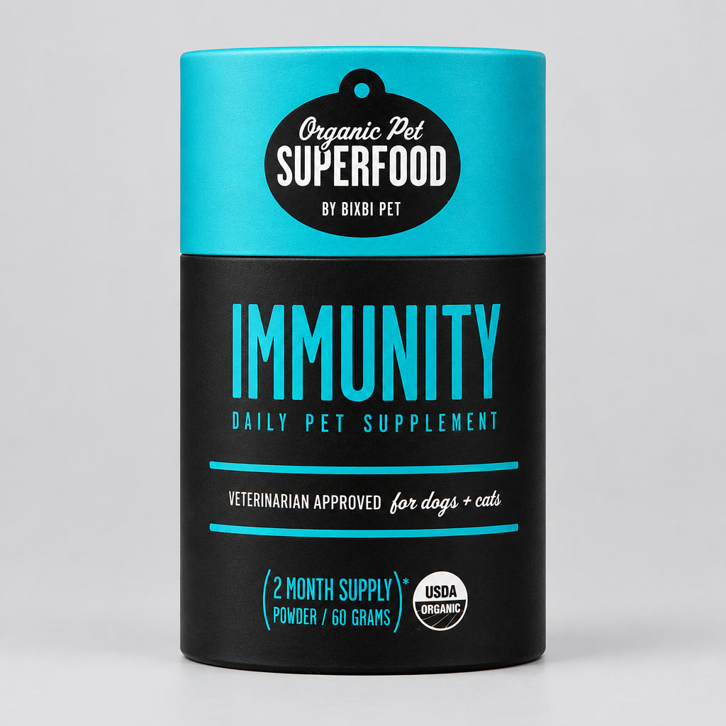 Blue-and-black BIXBI Immunity daily pet supplement jar with front label.