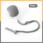 Grey interactive cat toy ball with clear nozzle and grey rope cord attachment