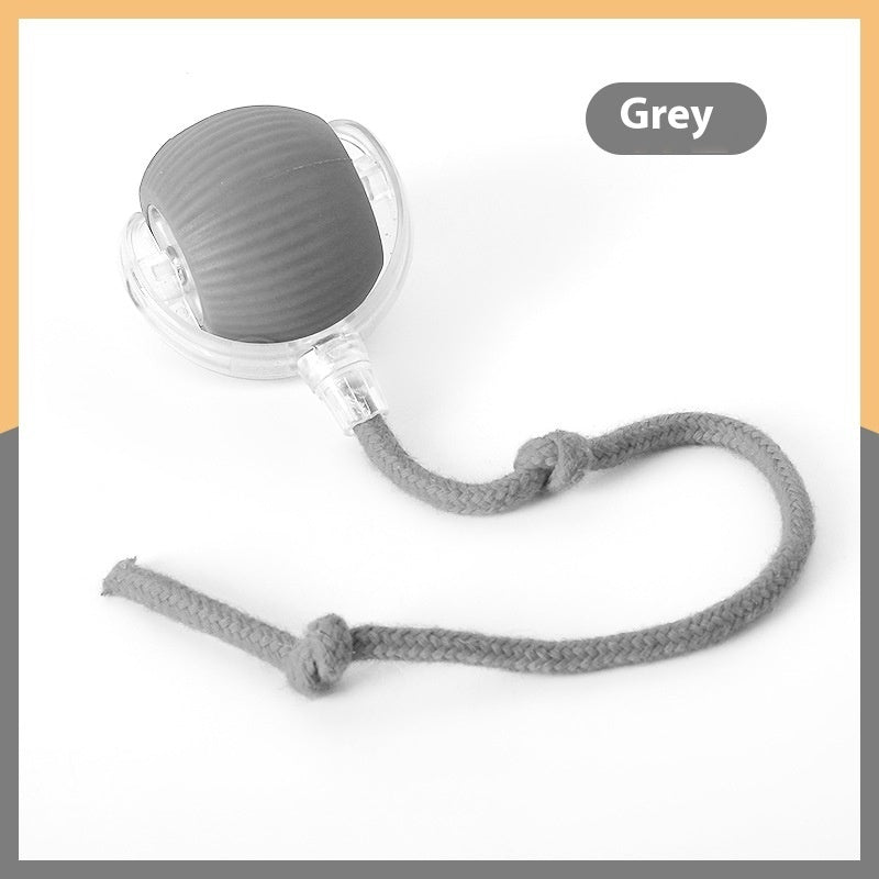 Grey interactive cat toy ball with clear nozzle and grey rope cord attachment