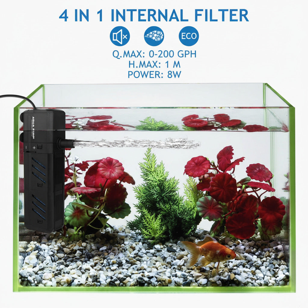 Internal filter pump with four-in-one design and multiple blue media cartridges