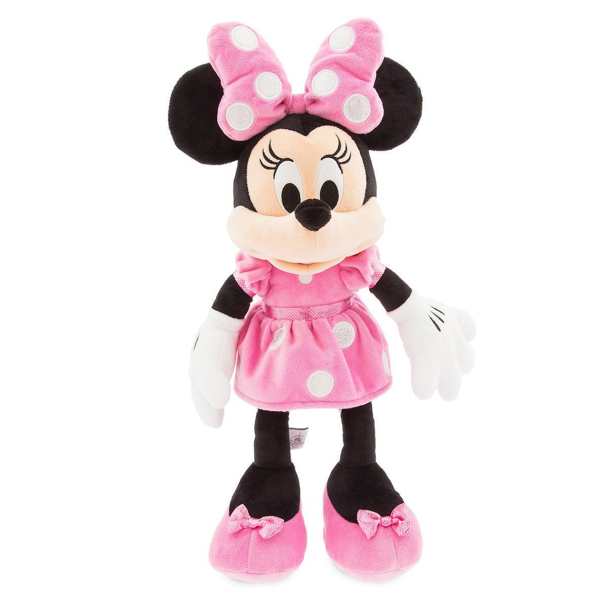 Pink-and-black Minnie-style plush dog toy with bow and ruffle dress