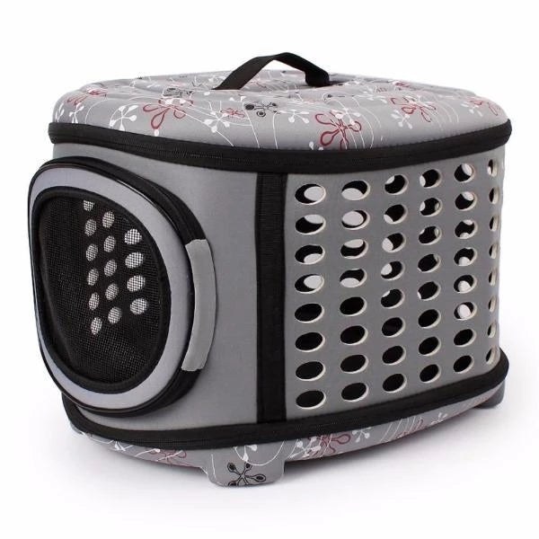 Foldable pet carrier handbag in gray with vented side panels and mesh window