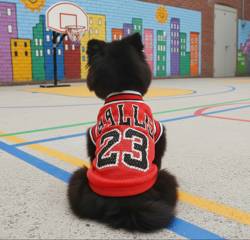 Red dog vest with 'BALLS 23' back lettering and striped ribbed collar