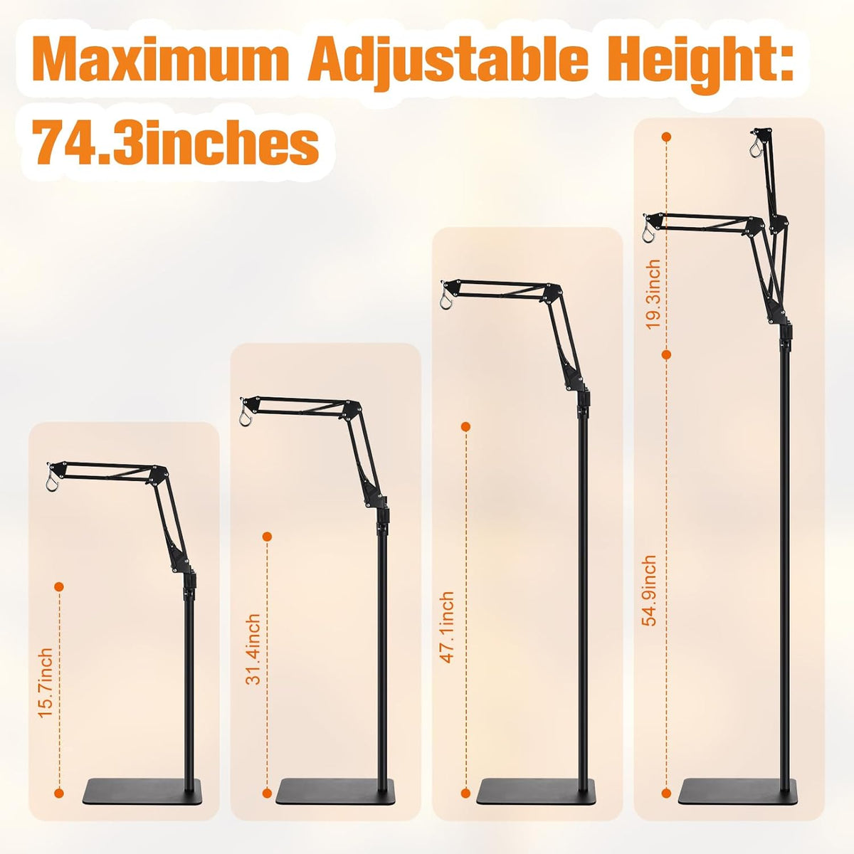 Adjustable height heat lamp stand showing multiple height ranges up to 74.3 in