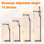 Adjustable height heat lamp stand showing multiple height ranges up to 74.3 in