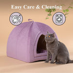 Purple foldable cat house bed with front opening and cat resting inside