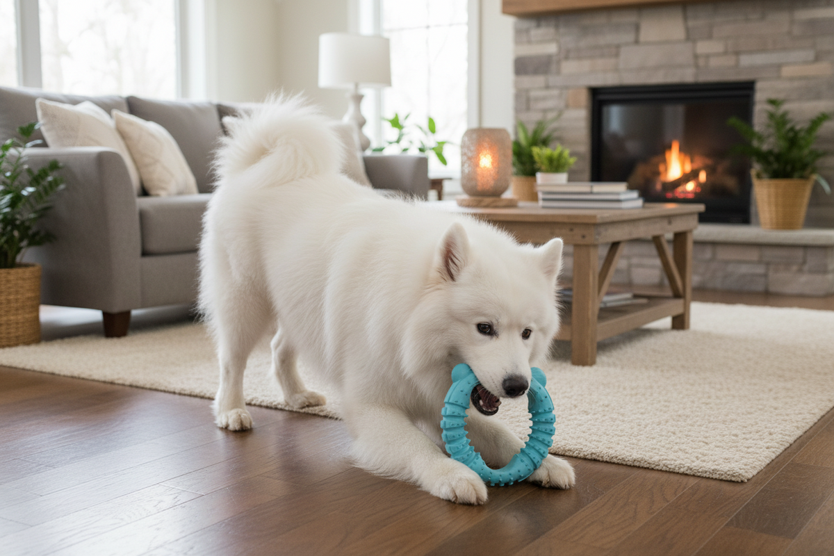 Hund kaut auf blauem Bären-Ringhundespielzeug mit Noppen und Rippen