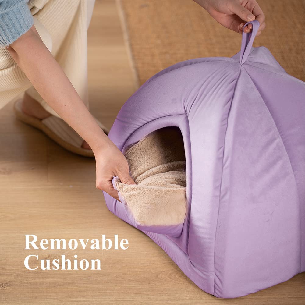 Lavender foldable cat house bed cushion being inserted by hand