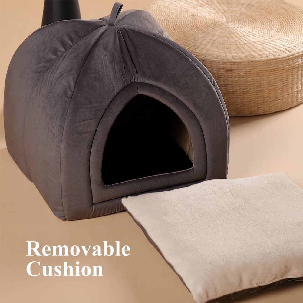 Dark gray cat house bed with tunnel opening and removable cushion pad