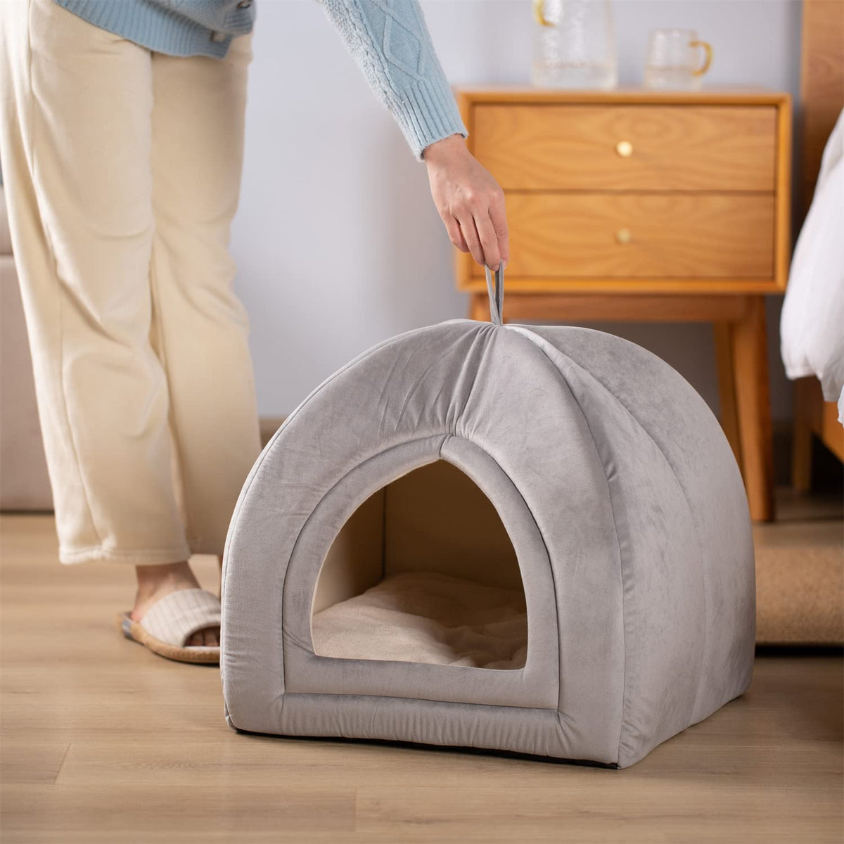 Gray foldable cat house bed with front opening and removable inner pad