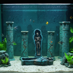 Mummy resin ornament figure centered on rectangular stone coffin base, blue-green finish