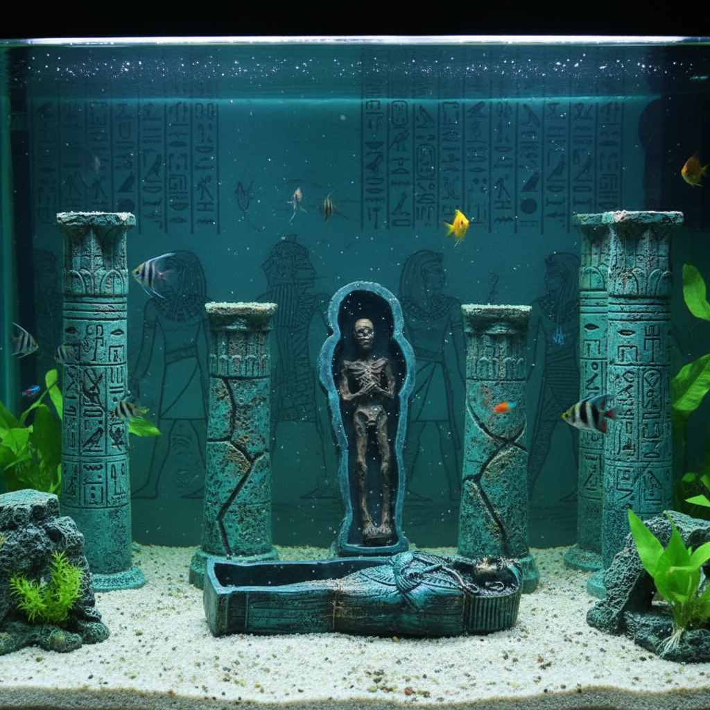 Mummy resin ornament figure centered on rectangular stone coffin base, blue-green finish