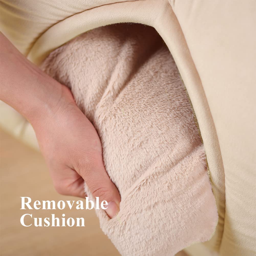 Removable beige cushion insert for pet tent bed, held in hand