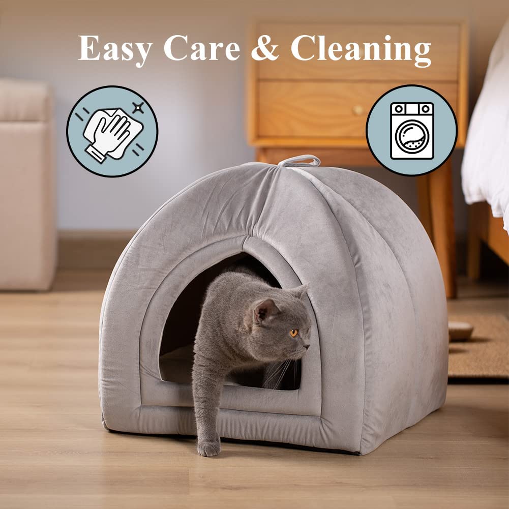 Gray pet tent bed with arched entrance and plush cushion, cat resting inside