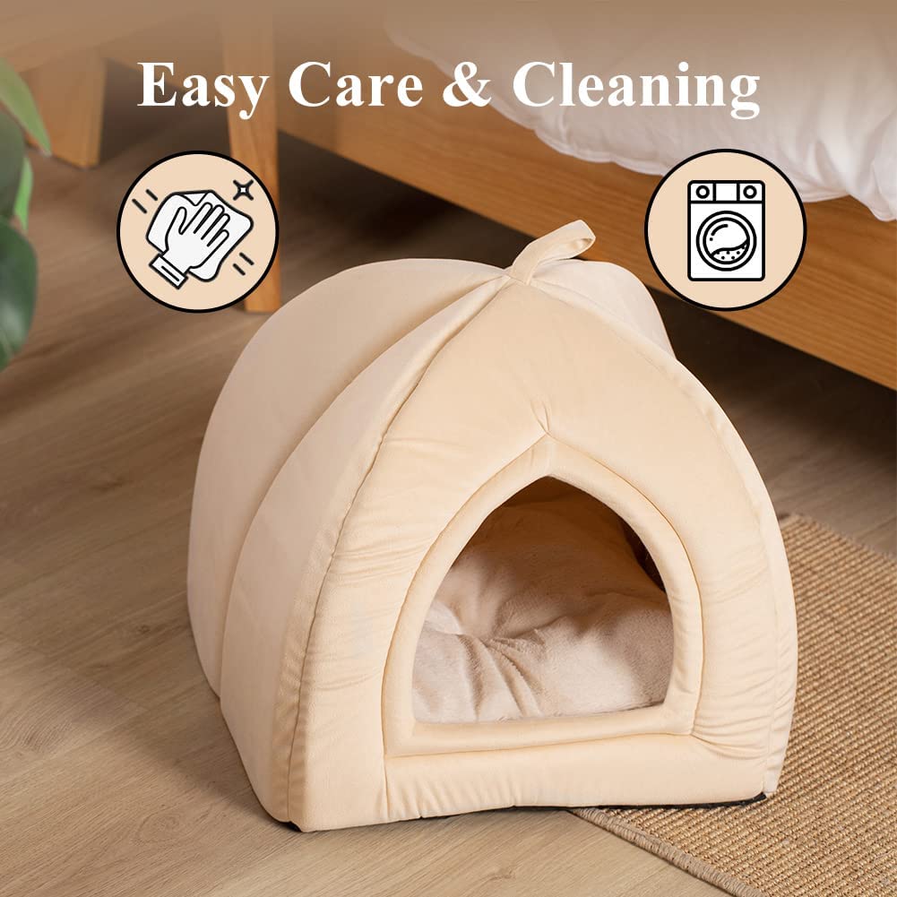 Beige pet tent bed with arched entrance and plush cushion inside