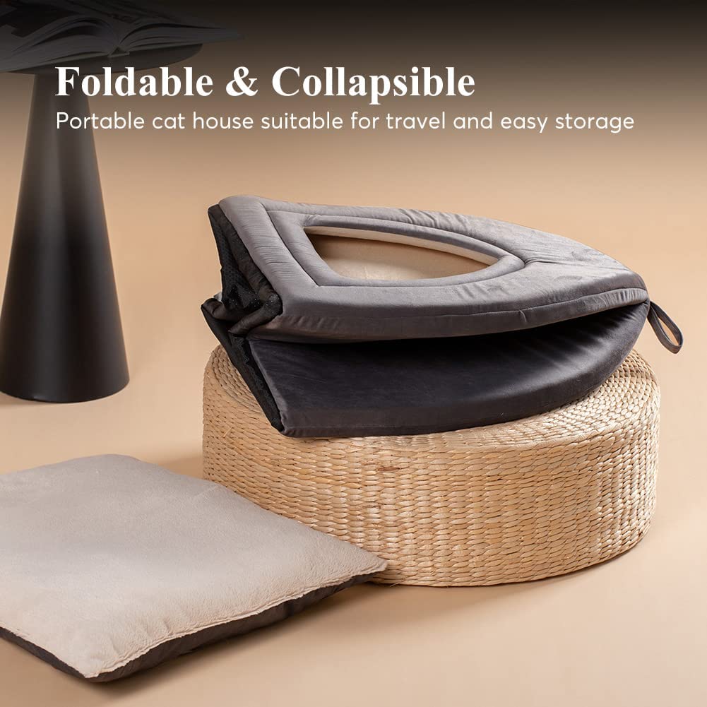 Foldable gray pet tent bed with lid and arched frame on woven basket