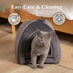 Grey foldable cat house bed with front tunnel opening and cushioned base