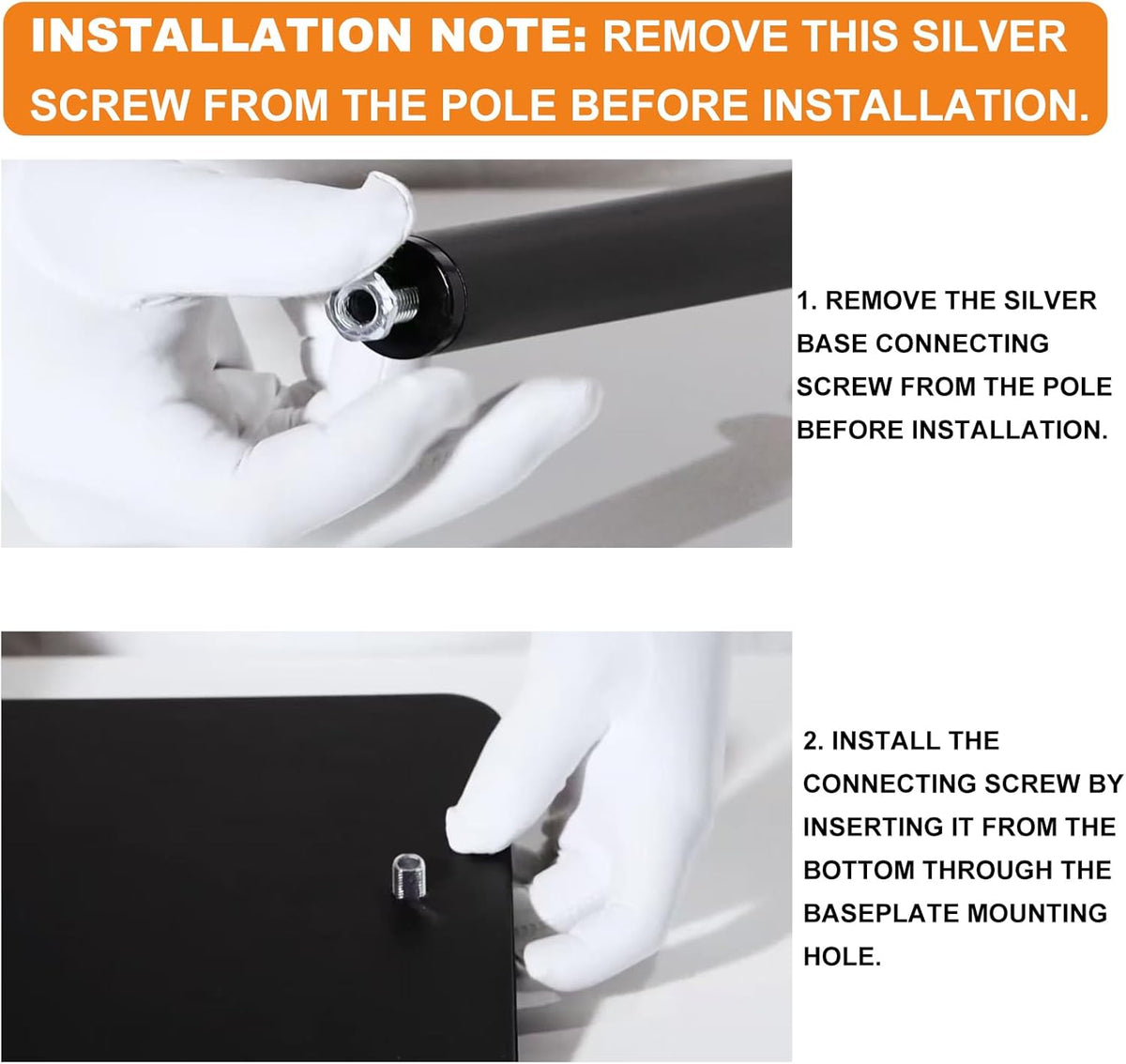 Installation steps for heat lamp stand: remove silver screw and attach connecting screw