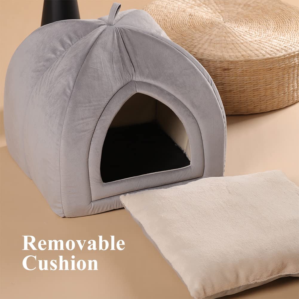 Gray cat bed house with arched opening and removable cushion; soft pet sleeping pad