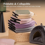 Stack of foldable cat house beds in multiple colors with drawstring openings