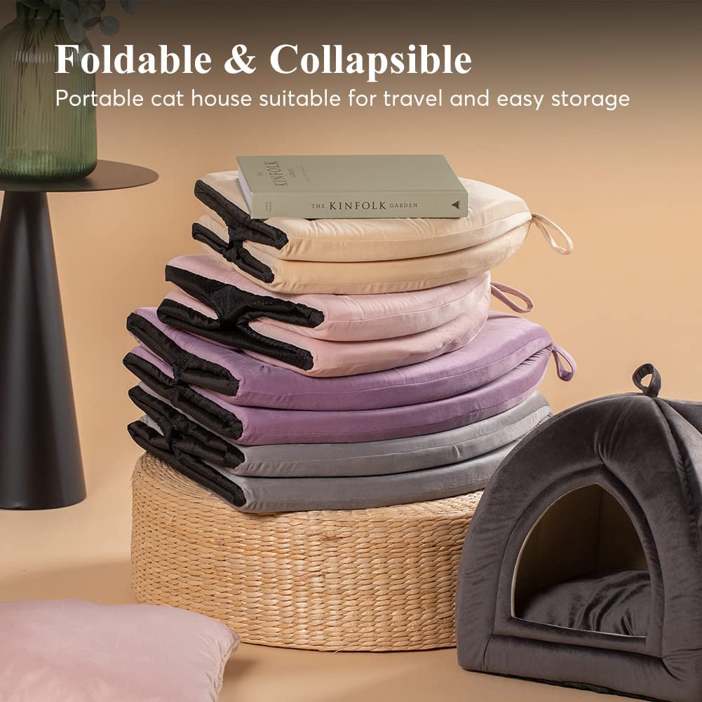 Stack of foldable cat house beds in multiple colors with drawstring openings