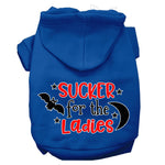 Blue pet hoodie with hood, pocket, and 'SUCKER for the Ladies' screen print