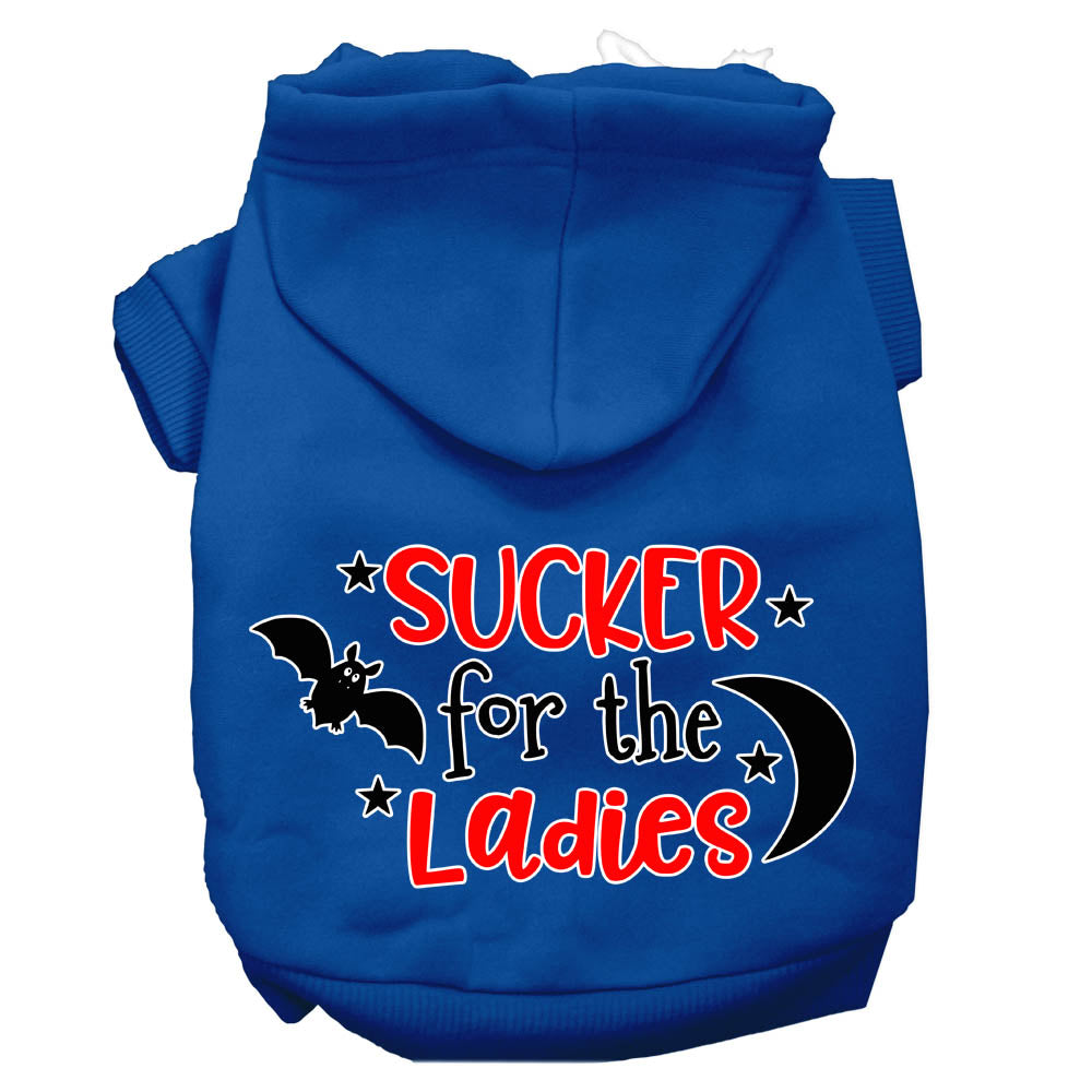 Blue pet hoodie with hood, pocket, and 'SUCKER for the Ladies' screen print