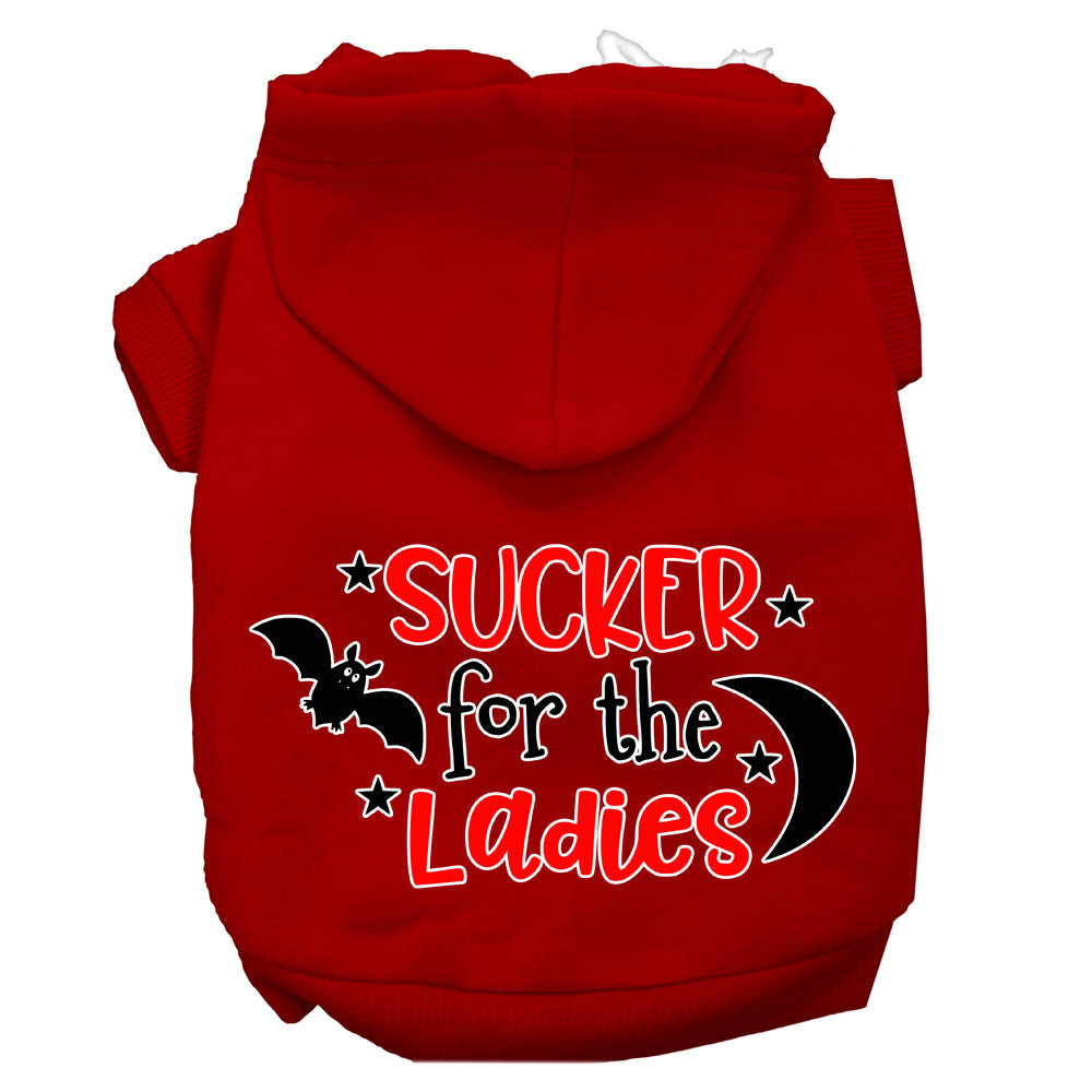 Red pet hoodie with front hood and “SUCKER for the Ladies” graphic print