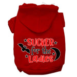 Red pet hoodie with front hood and “SUCKER for the Ladies” graphic print