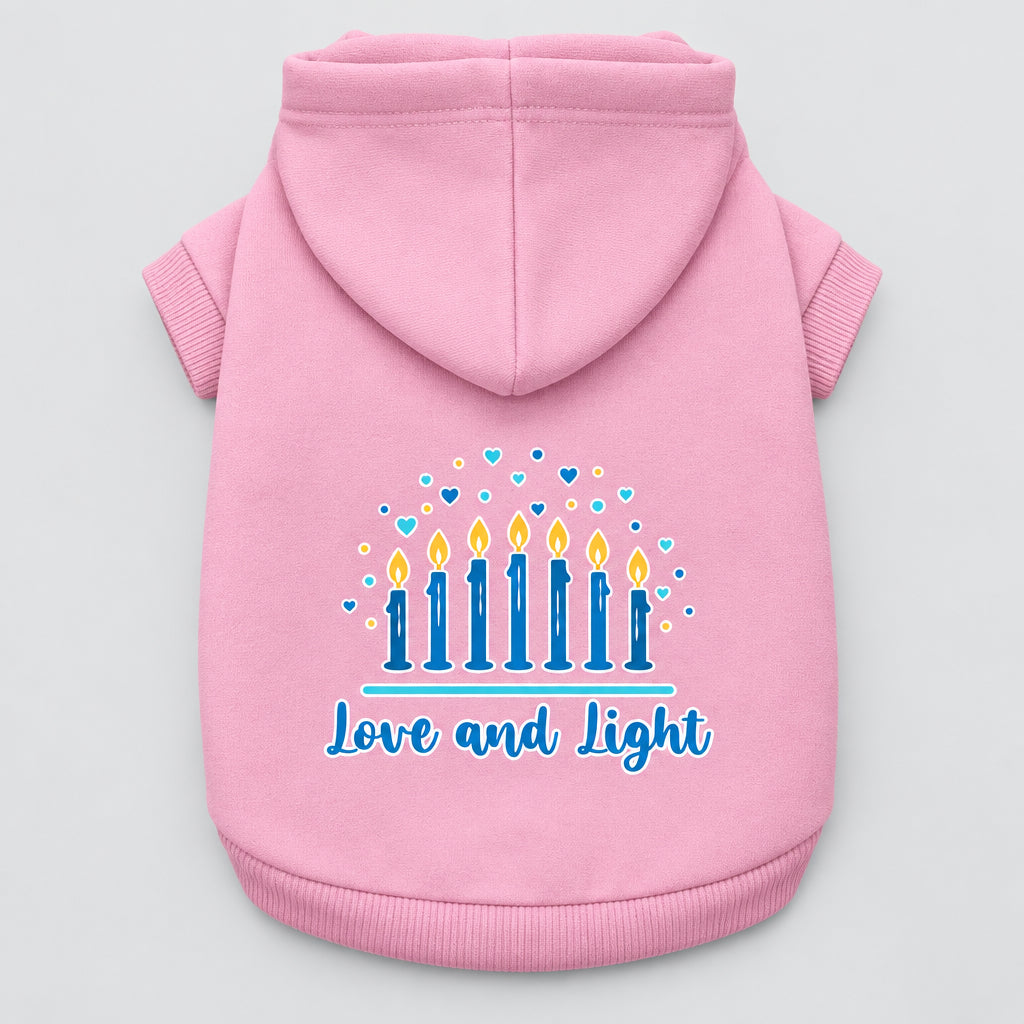 Hanukkah pet hoodie, light pink, hooded sweatshirt with “Love and Light” menorah print