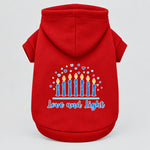 Red pet hoodie with hood and screen print menorah and “Love and Light”
