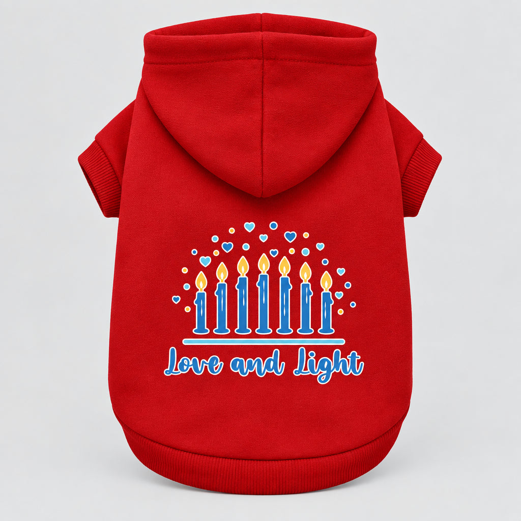 Red pet hoodie with hood and screen print menorah and “Love and Light”