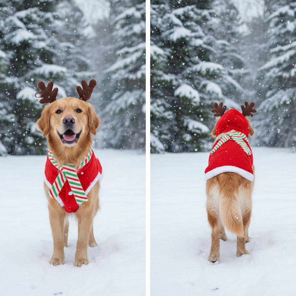 Pet sweater with hood, red knit with green stripe and candy-cane pattern, four-leg design