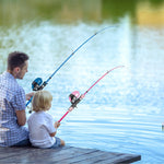 Pair of kids fishing rods with spincast reels, blue and pink poles