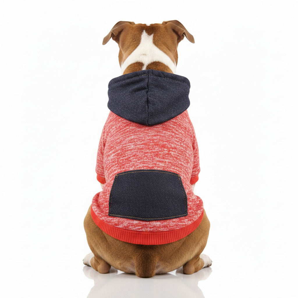 Dog sweater with pocket patch, red knit and navy hood