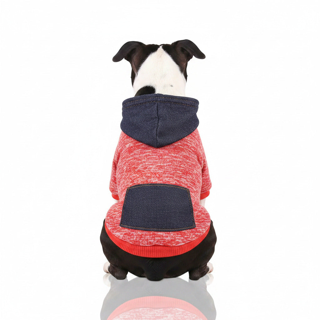 Dog sweater with pocket patch, red knit with navy hood and ribbed hem