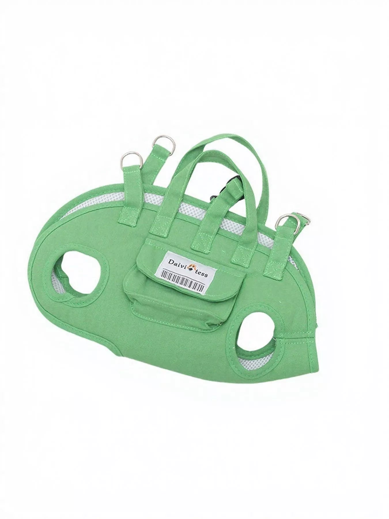 Green portable pet carrier harness with handle and two front mesh openings
