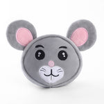 Gray mouse-faced bite-resistant teething plush toy with pink inner ears and black eyes