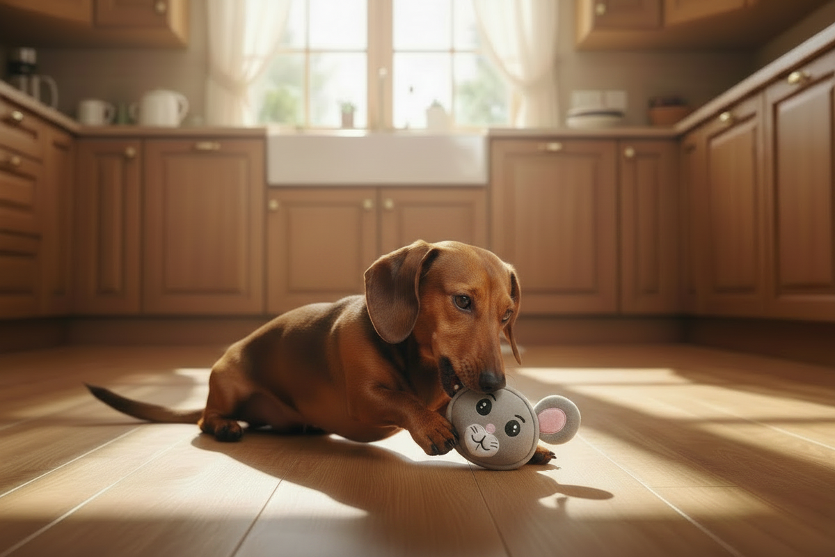Vocal teething plush toy with a gray rabbit face and rounded plush body