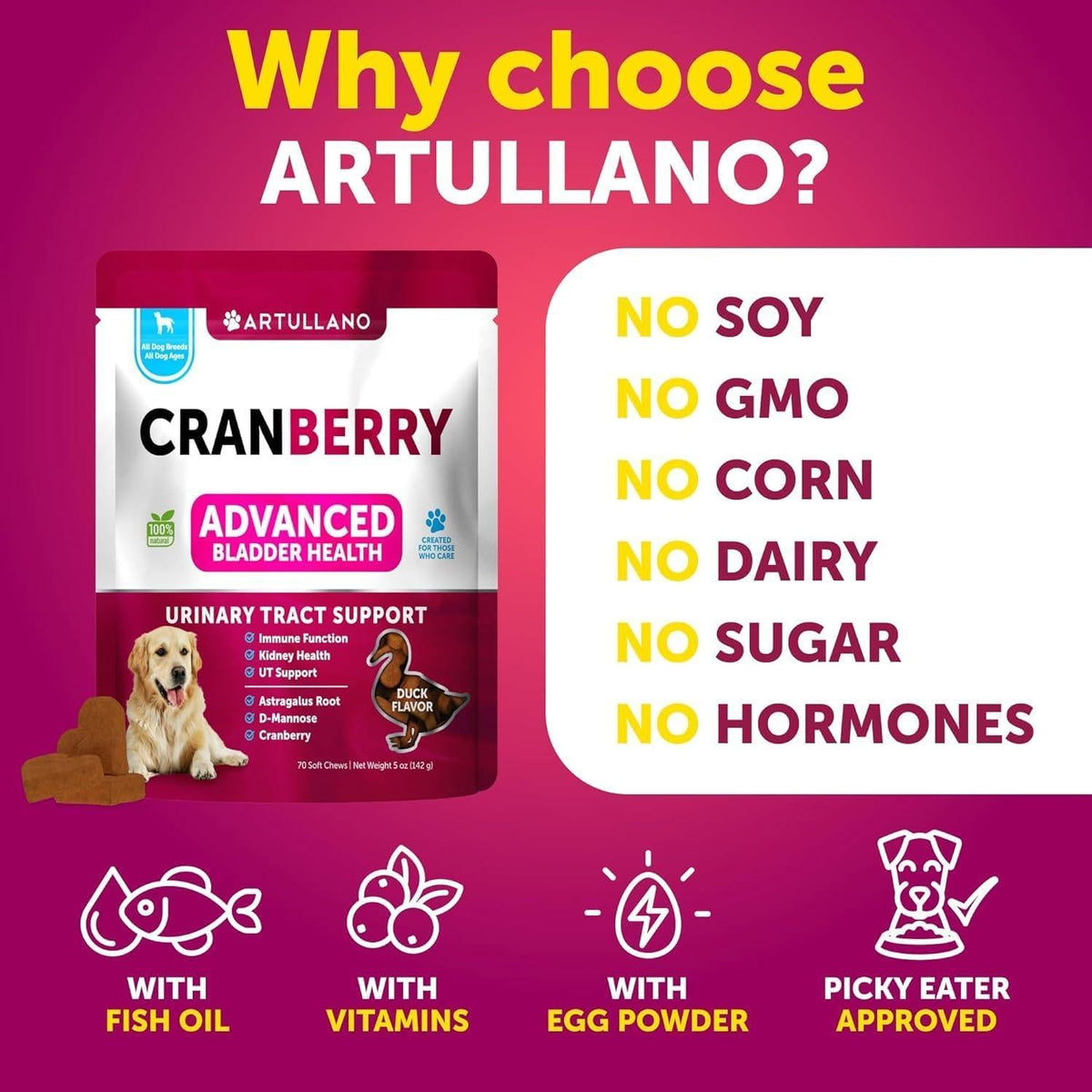 ARTULLANO cranberry supplement benefits: no soy, GMO, corn, dairy, sugar, hormones.