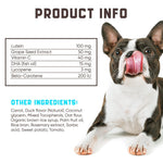 Dog beside product info panel listing lutein, grape seed extract, DHA, and lycopene