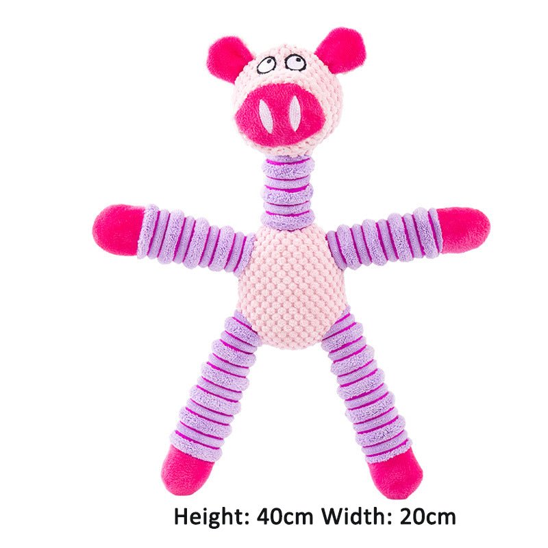 Pink plush pig sound toy with round snout, striped limbs, and pink ears